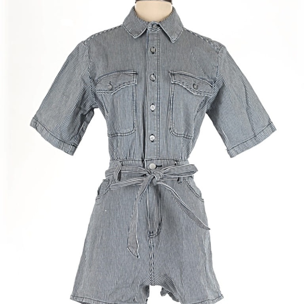 NWO Striped Utility Romper - blue and white button down